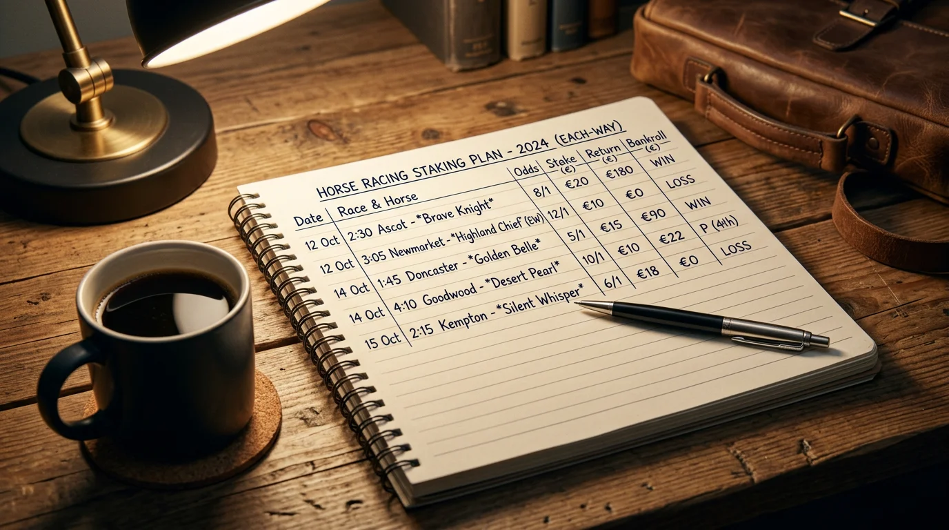 Notebook with a handwritten horse racing staking plan and a pen on a desk
