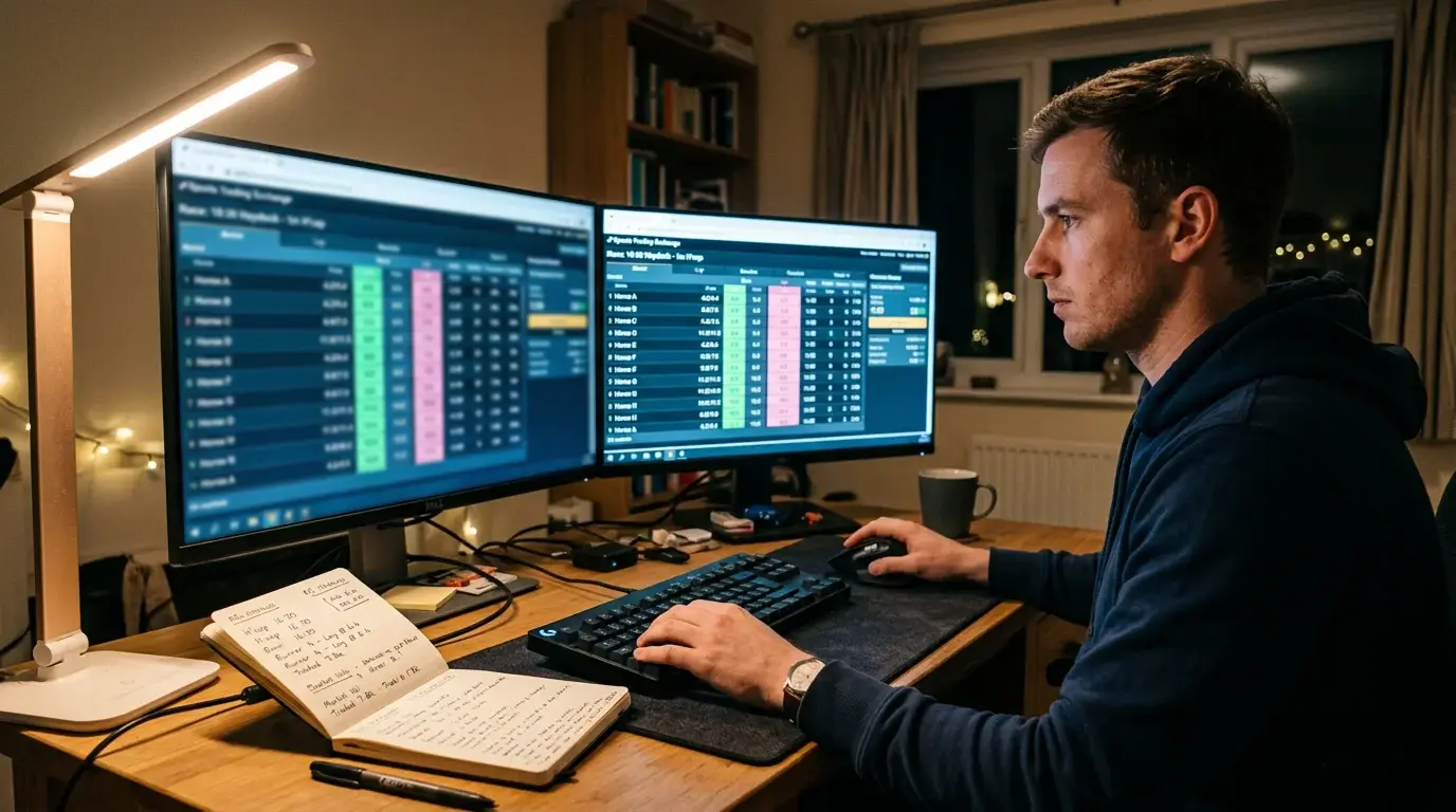 Person monitoring Betfair exchange trading screen with horse racing market data