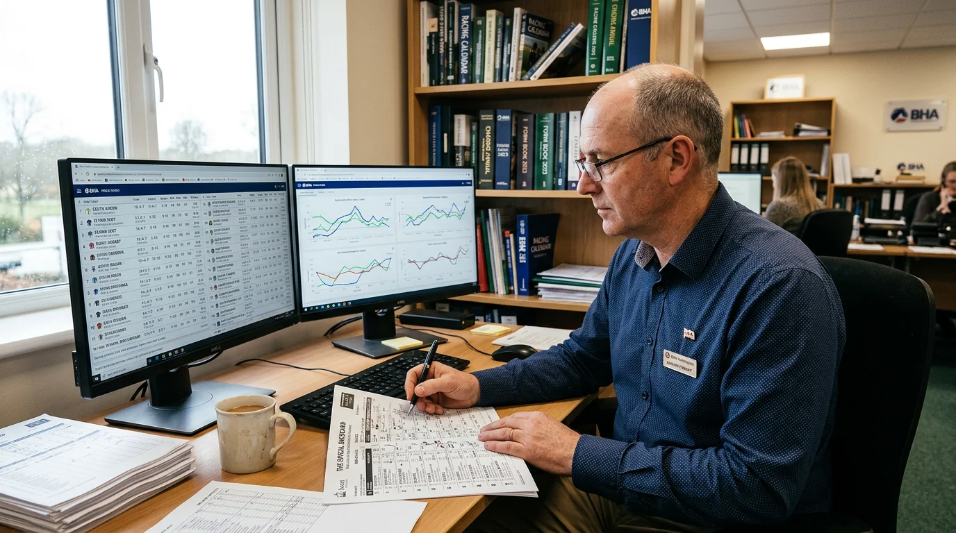 BHA handicapper reviewing horse racing form data and Official Ratings on a screen in a professional office
