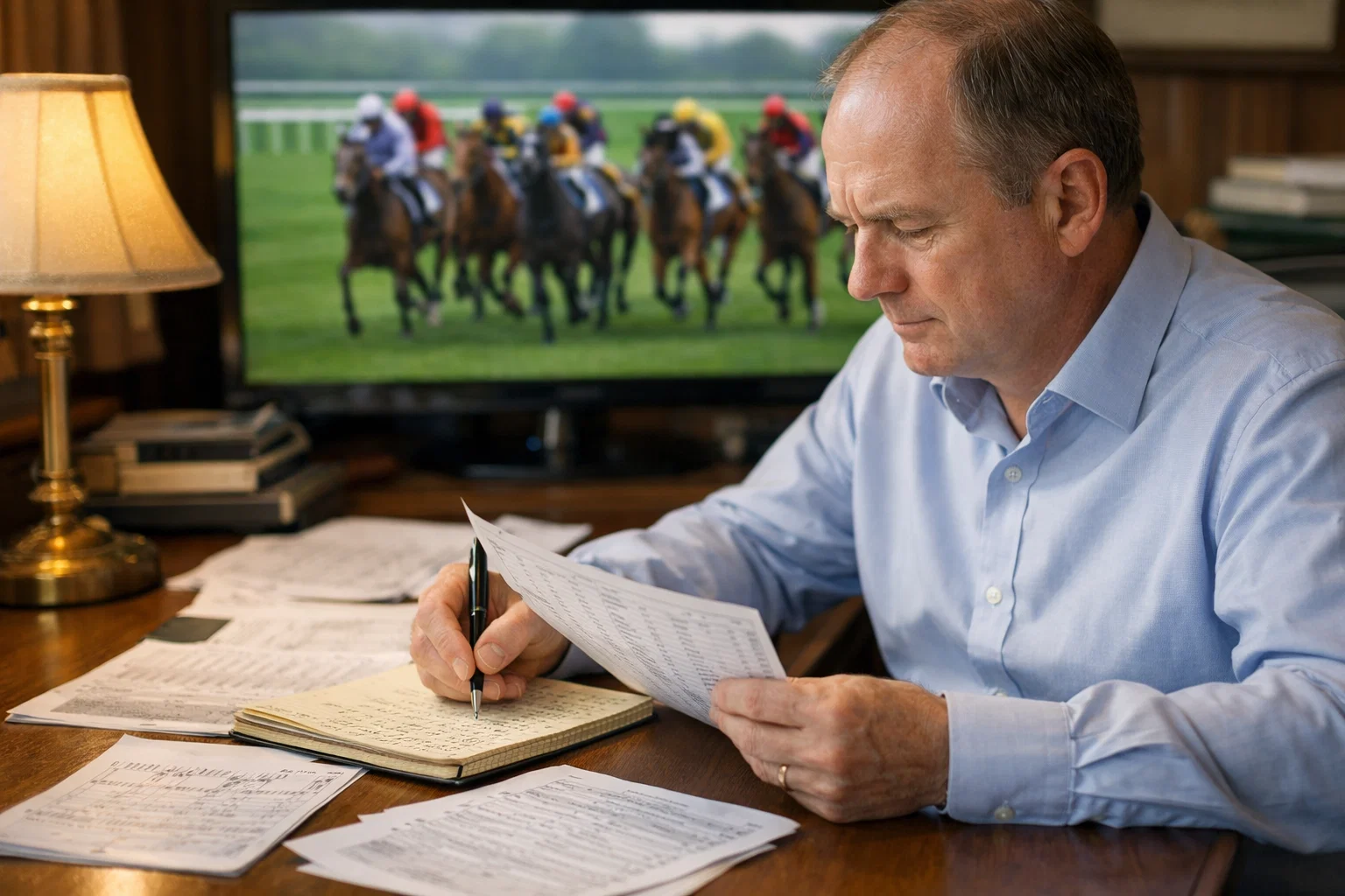 BHA handicapper studying horse racing form at a desk with race replays on screen