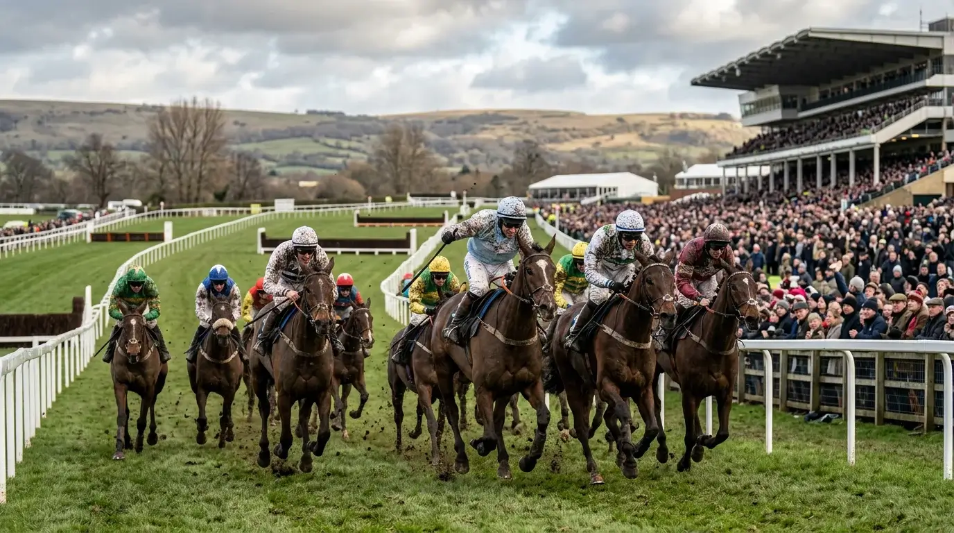 Horses racing uphill at Cheltenham racecourse with the Cotswold hills in the background