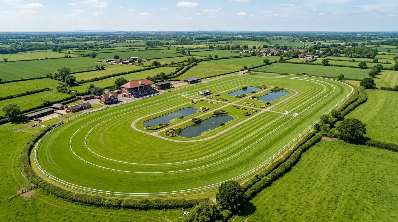 Aerial view of a British racecourse showing the oval track layout and green turf