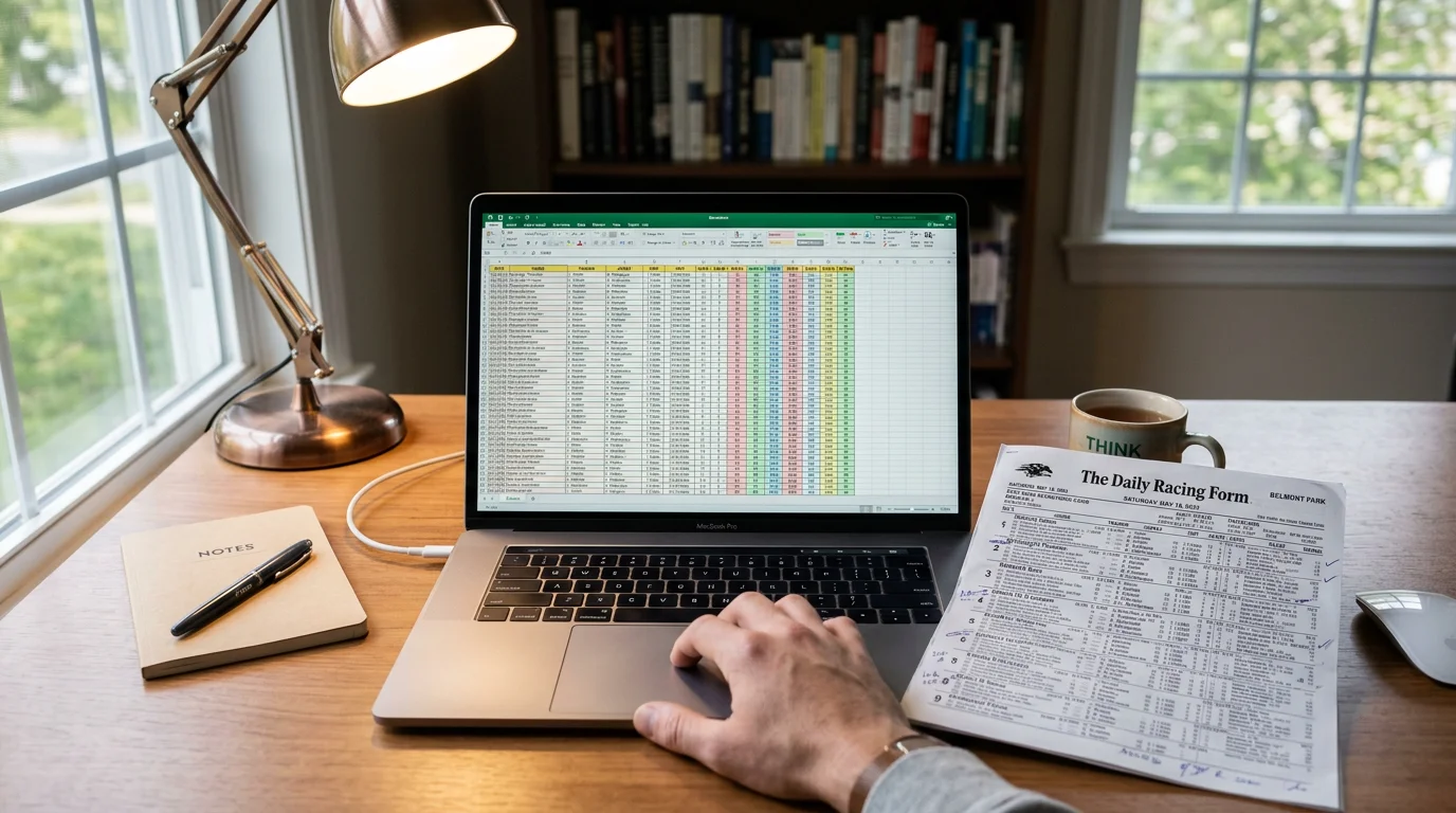 Laptop screen showing a horse racing data spreadsheet in a home office