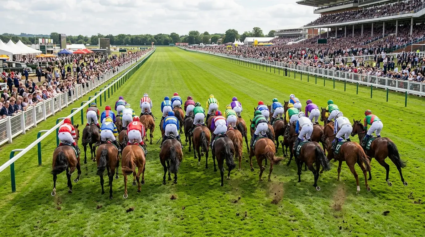 Large field of horses racing in a competitive UK handicap with sixteen runners