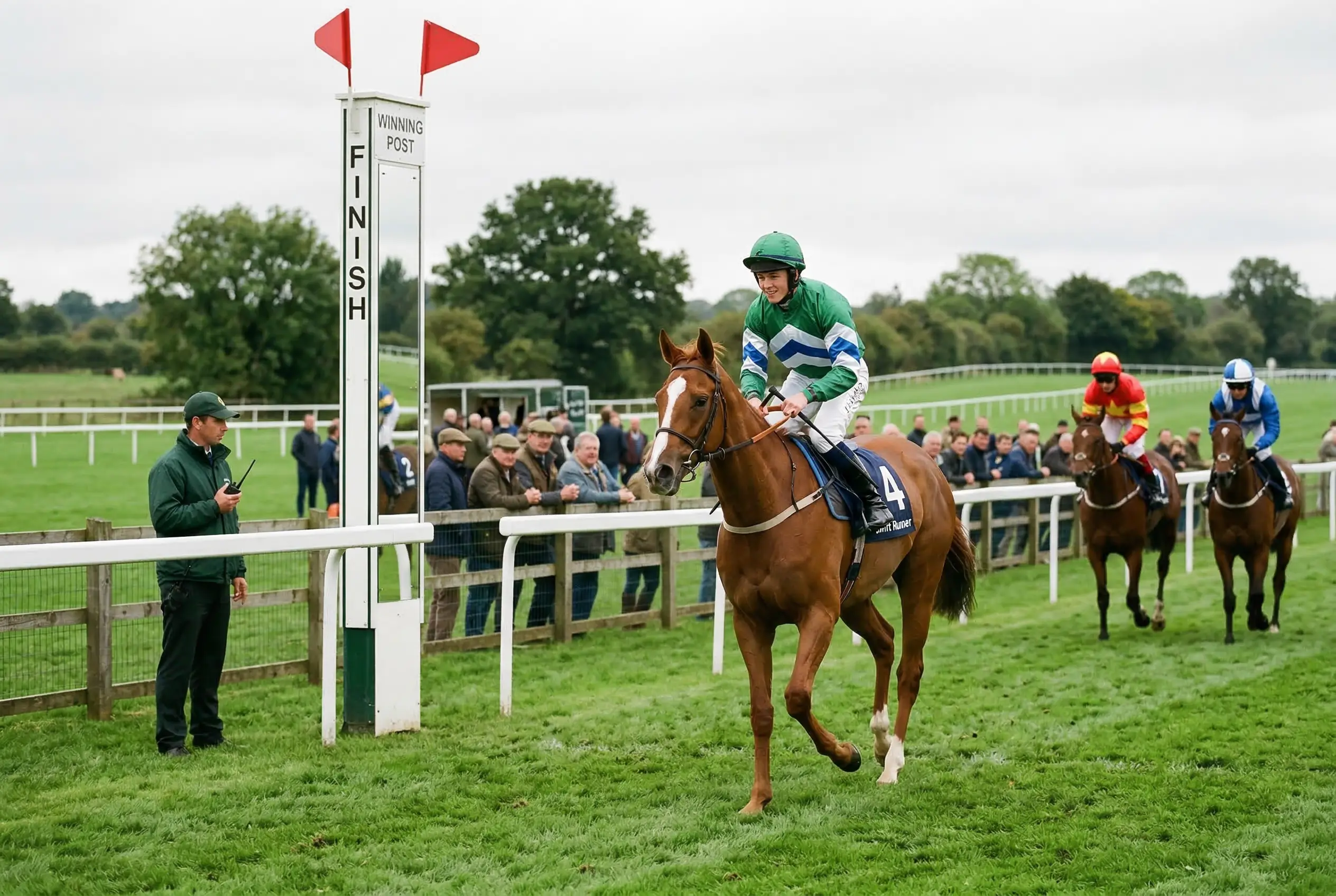 Young racehorse completing a qualifying run on a British racecourse