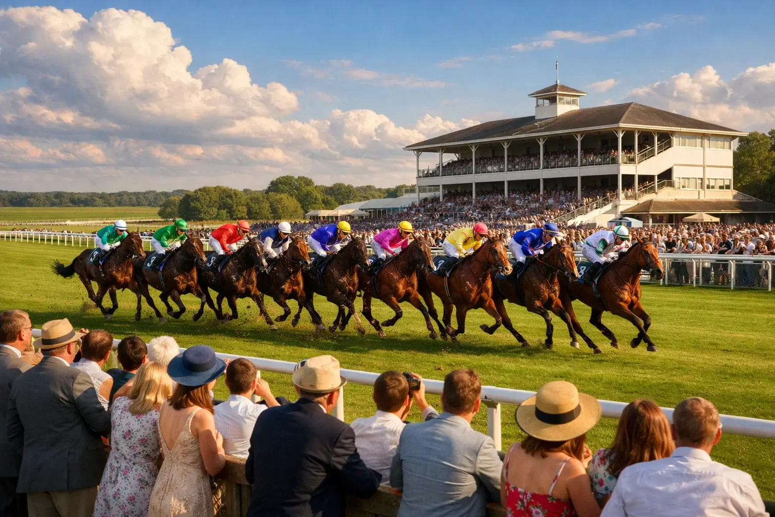 Field of horses racing on a flat turf course during a summer afternoon in England