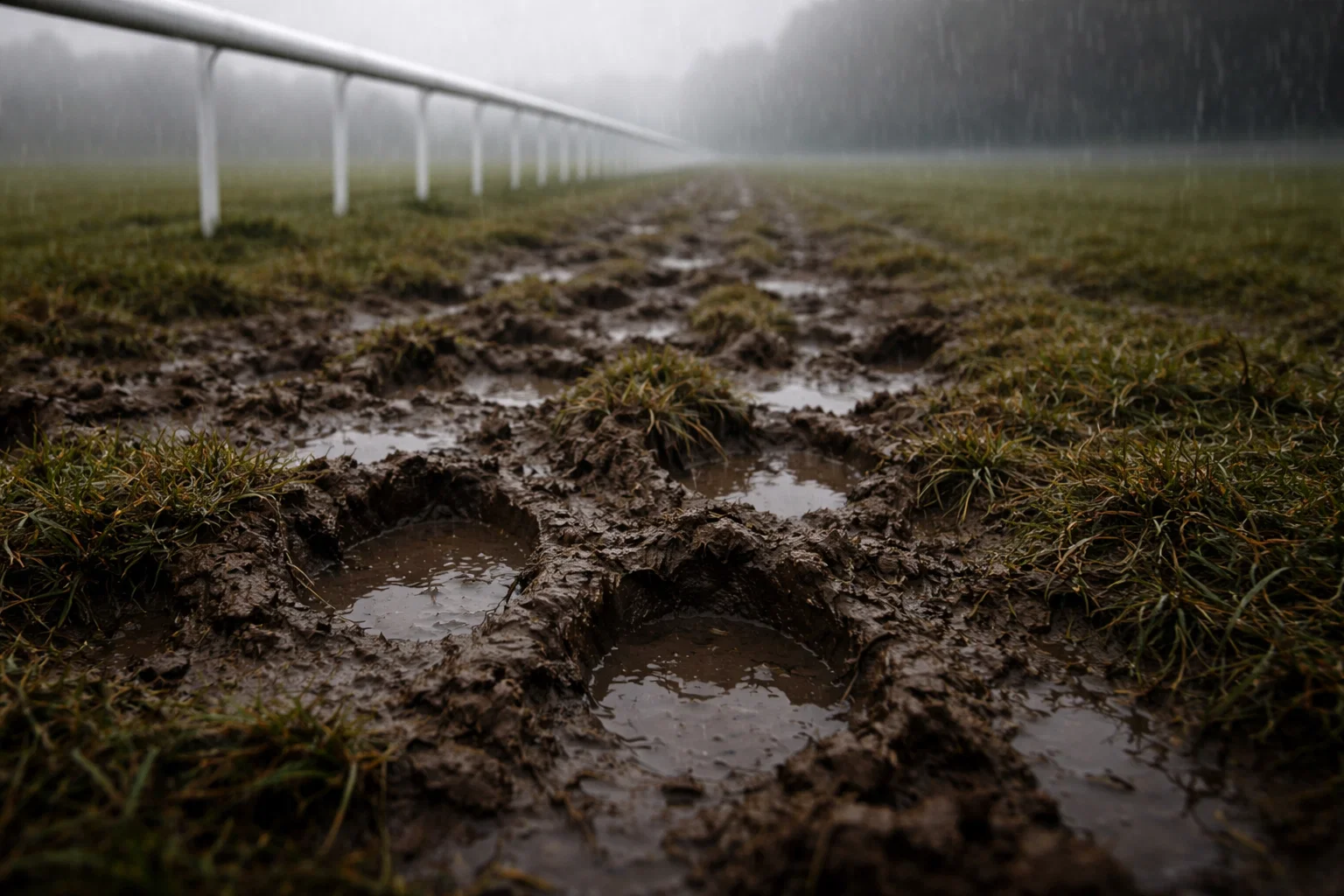 Close-up of soft ground on a UK racecourse with hoof prints after rain