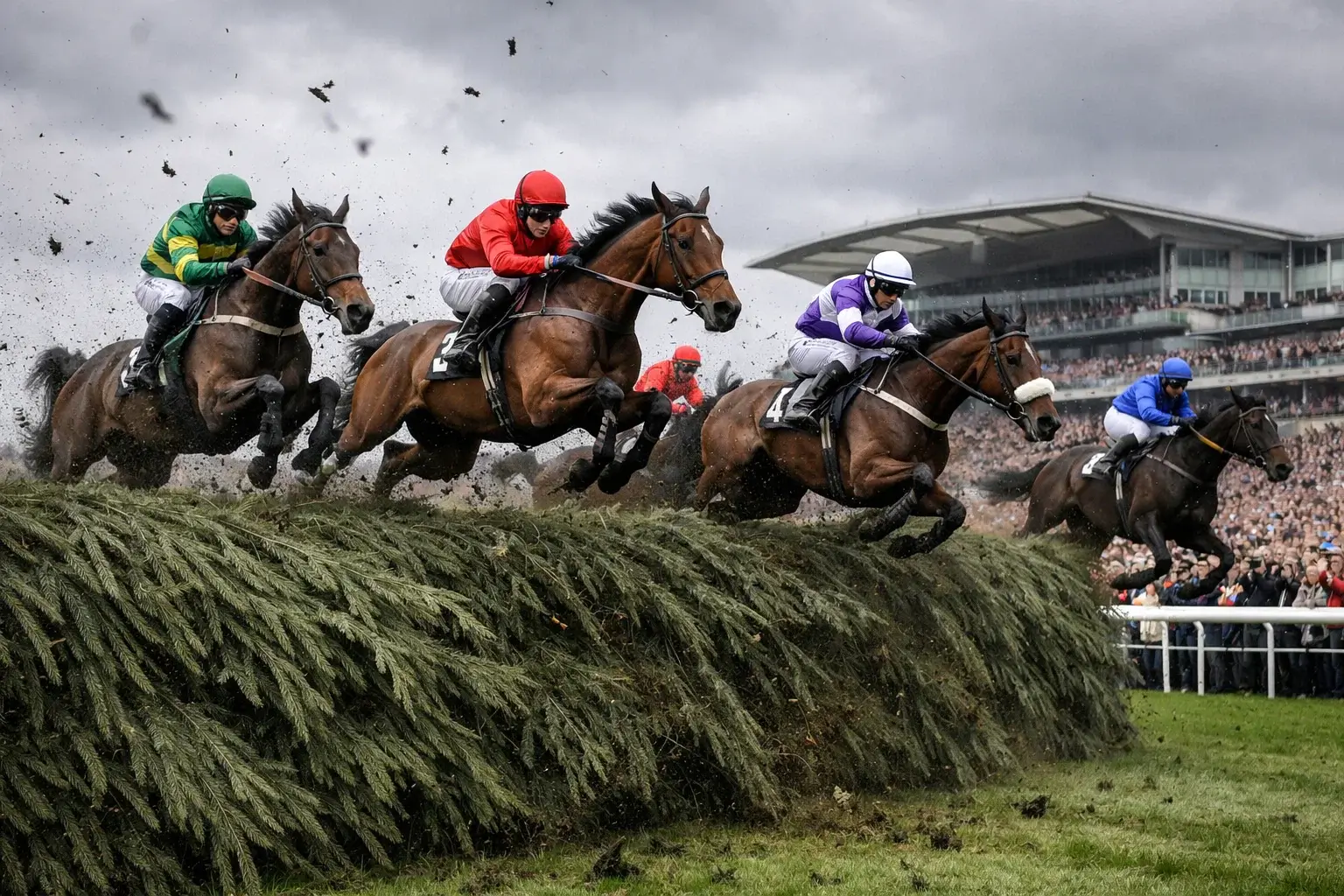 Horses jumping the famous Aintree fences during the Grand National steeplechase