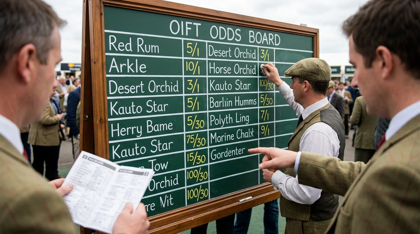 Handicap betting strategy — a close-up of a bookmaker's odds board at a British racecourse with racegoers studying the prices