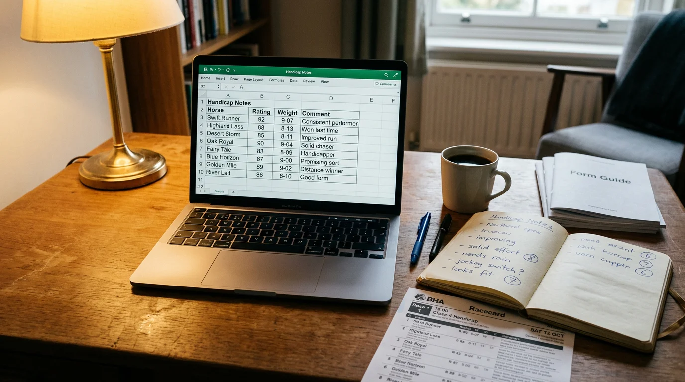 Racing analyst working through form analysis at a desk with a laptop showing racing data and a notebook with handwritten ratings