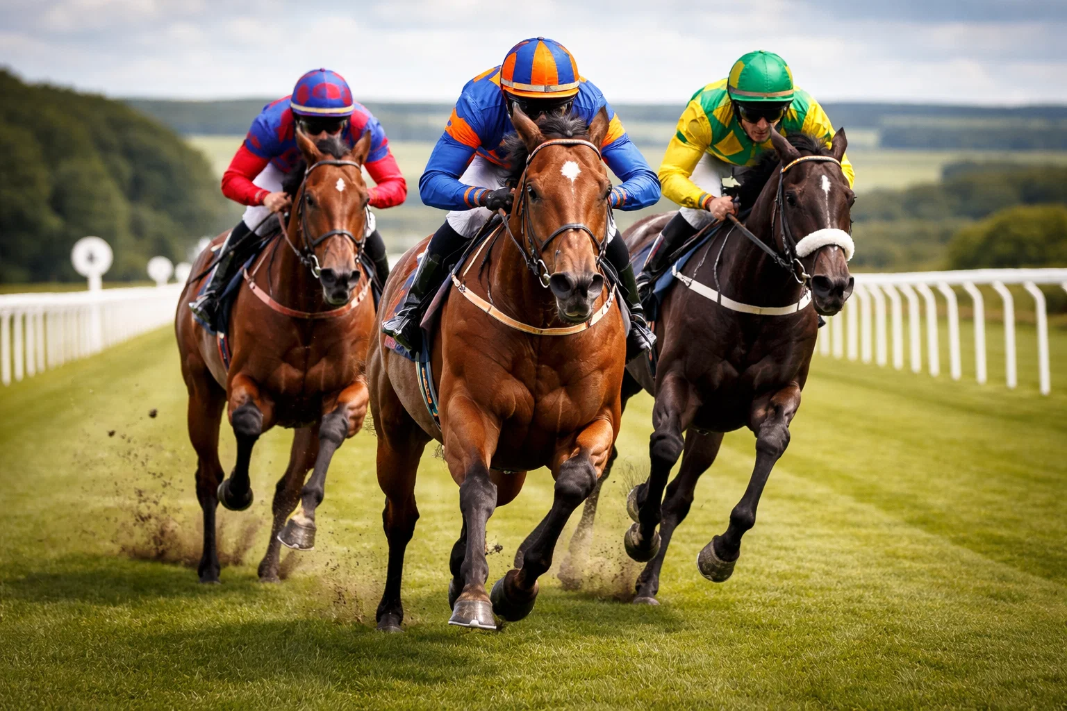 Thoroughbred horses racing over a mile on a flat British turf course