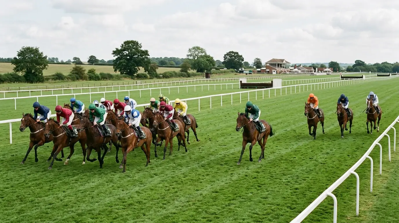Two groups of horses racing side by side on parallel tracks representing different race types