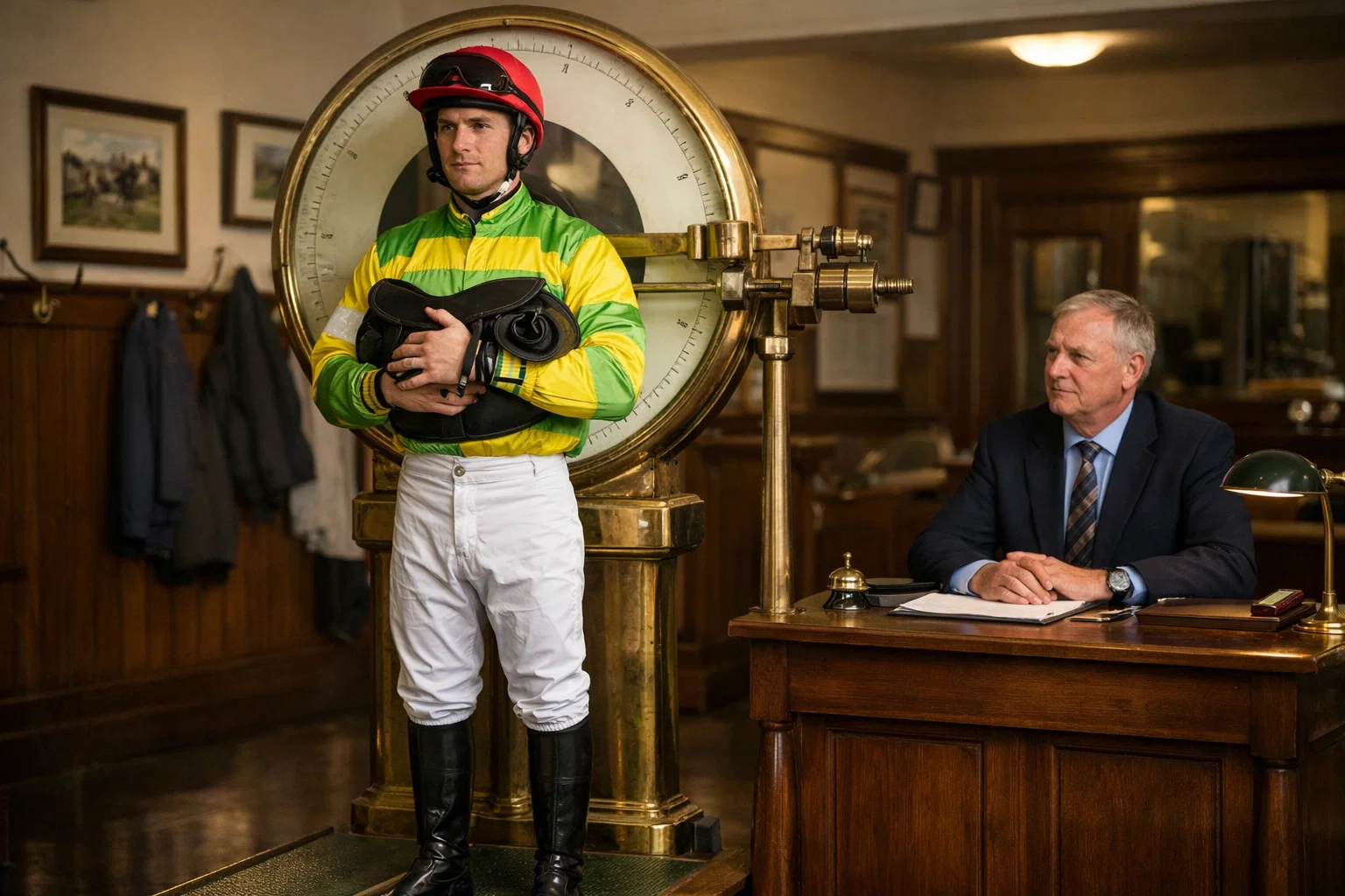 Jockey weighing in on scales before a UK handicap horse race