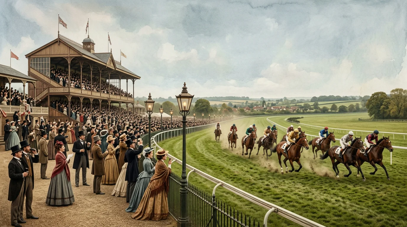 Historic painting-style scene of Victorian-era horse racing at a British racecourse