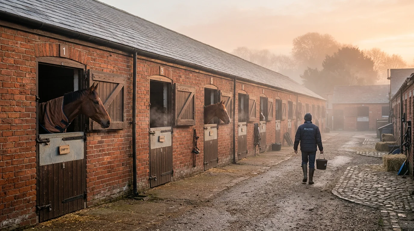 Row of empty and occupied horse stables at a British racing yard