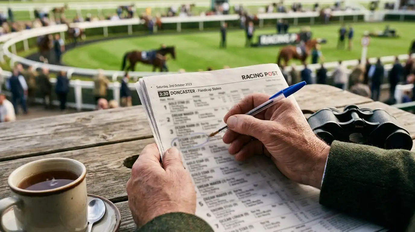 Horse racing form analysis — a punter marking up a printed racecard with a pen at a British racecourse