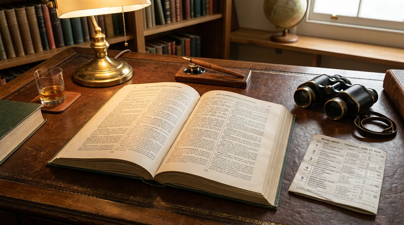 Open reference book of horse racing terms on a desk beside binoculars and a racecard
