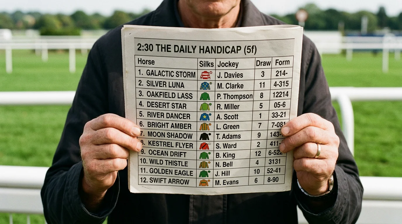 Close-up of a printed UK racecard with columns of horse names, ratings and form figures