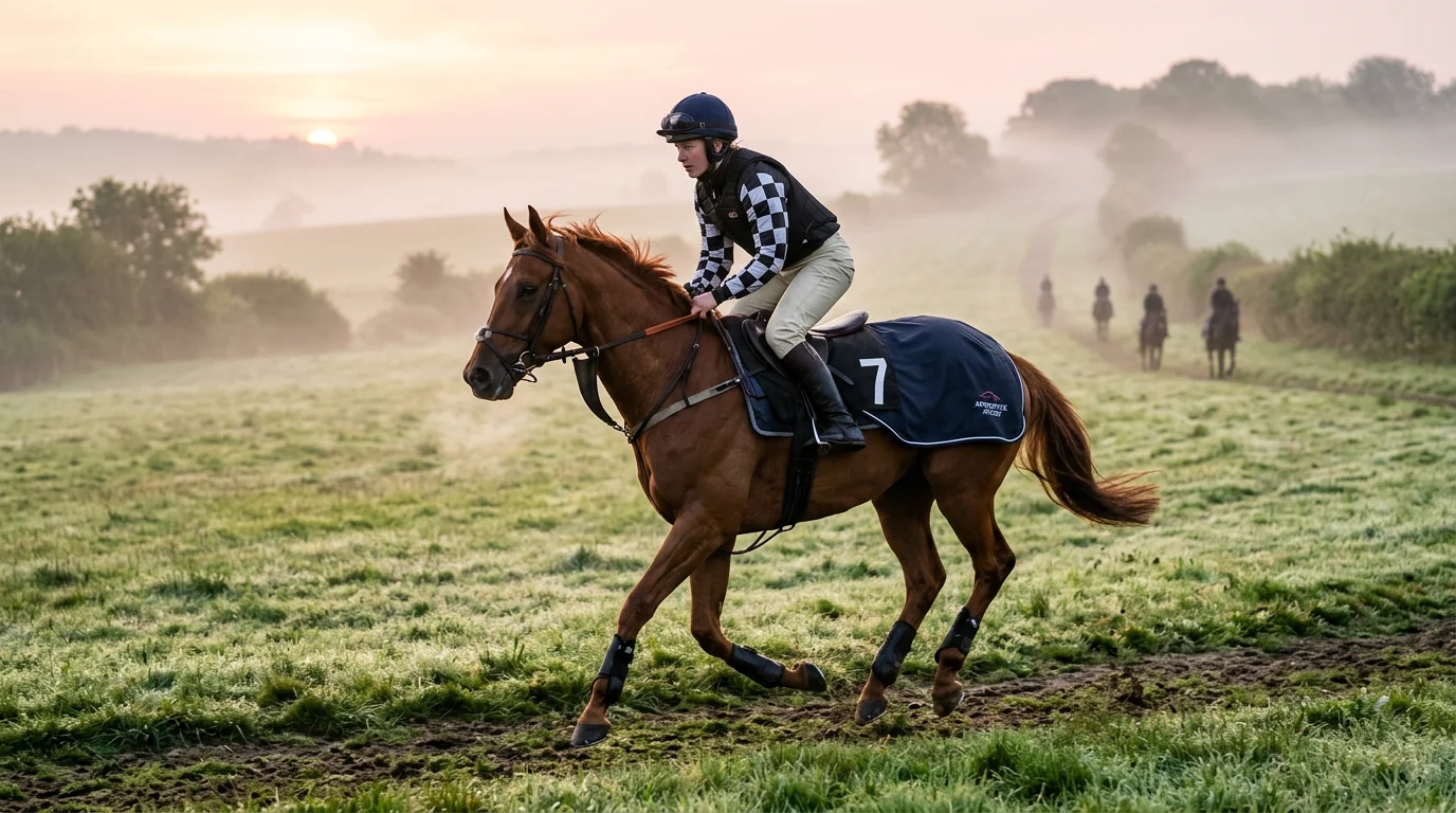 Apprentice jockey riding work on a UK gallops at dawn