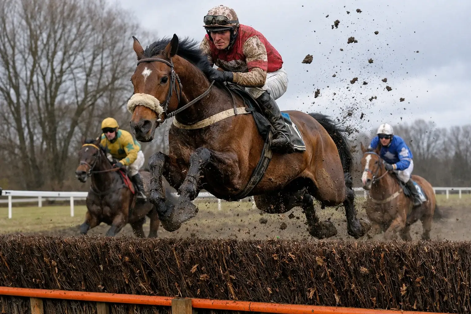 Horse and jockey jumping a birch fence in a National Hunt steeplechase race