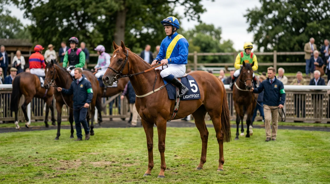 Lightweight jockey on horseback at the start of a UK handicap race