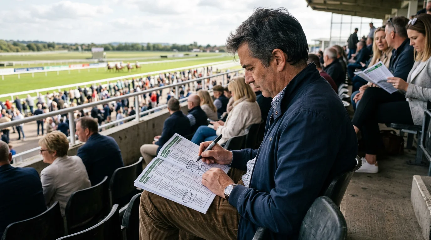 Punter marking selected races in a race programme at a UK racecourse