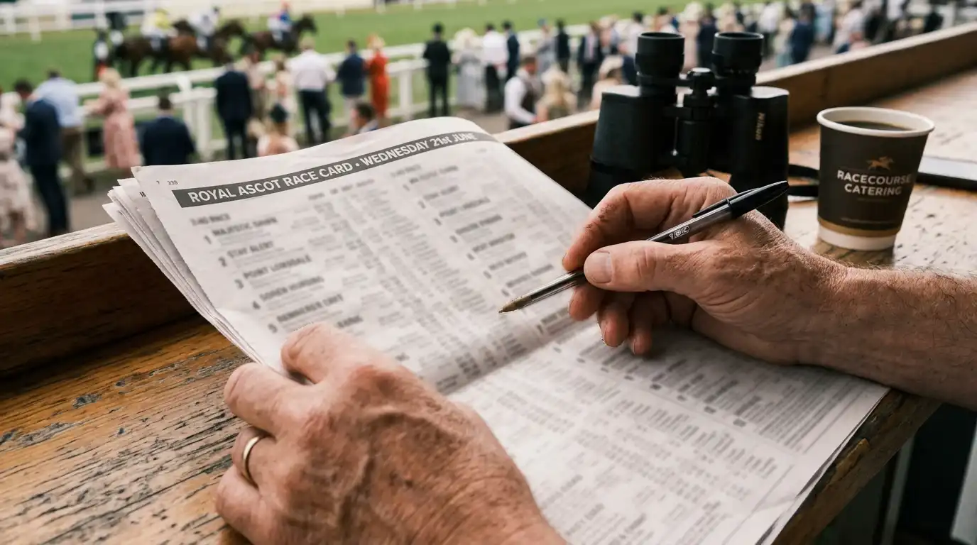 Close-up of a punter studying a printed UK racecard and form guide with a pen in hand at a racecourse