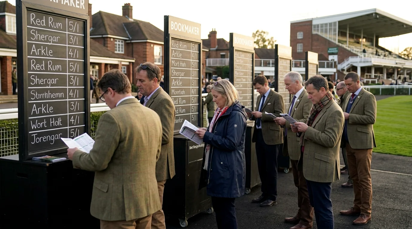 View of a British racecourse betting ring with bookmaker boards showing odds and racegoers placing considered bets