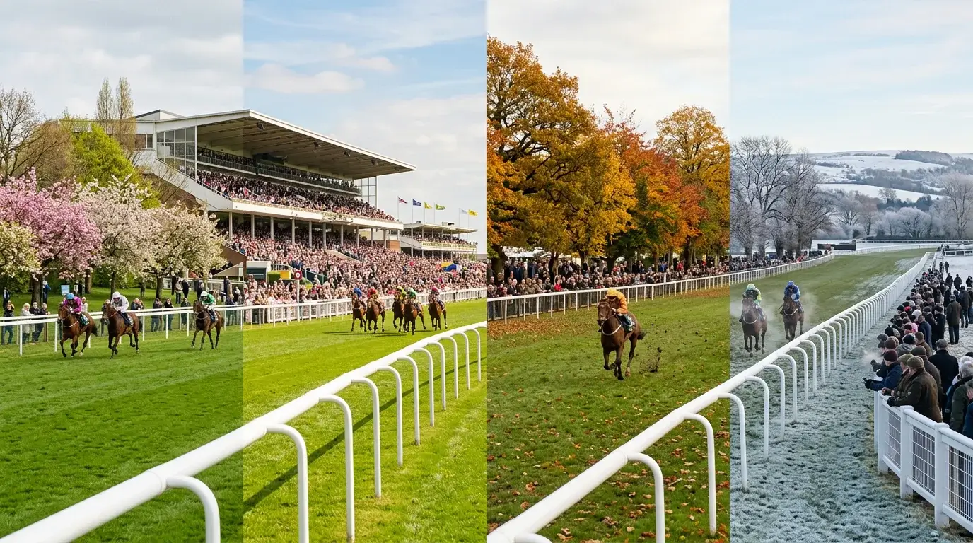 Four-season view of a British racecourse showing spring, summer, autumn and winter scenes
