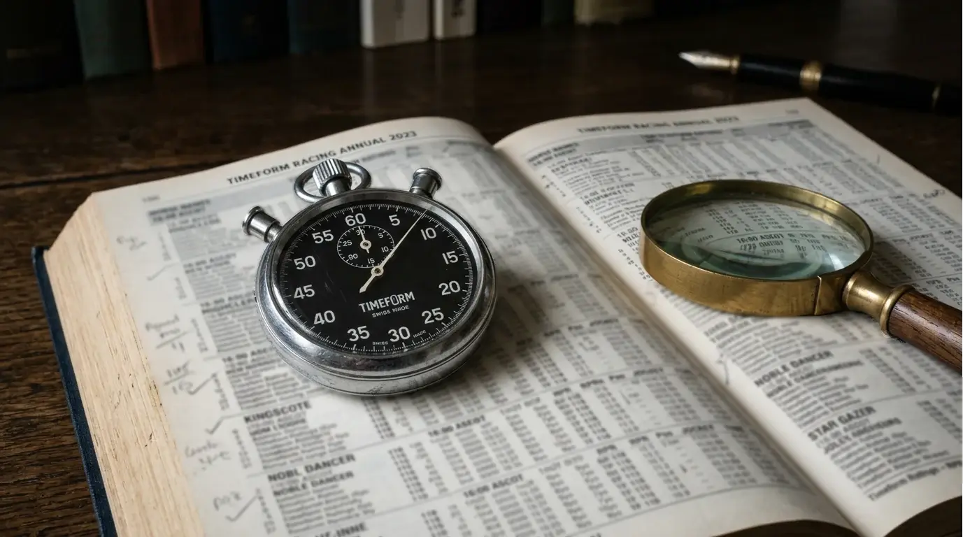 Stopwatch and racing form book on a table representing speed figure analysis in horse racing