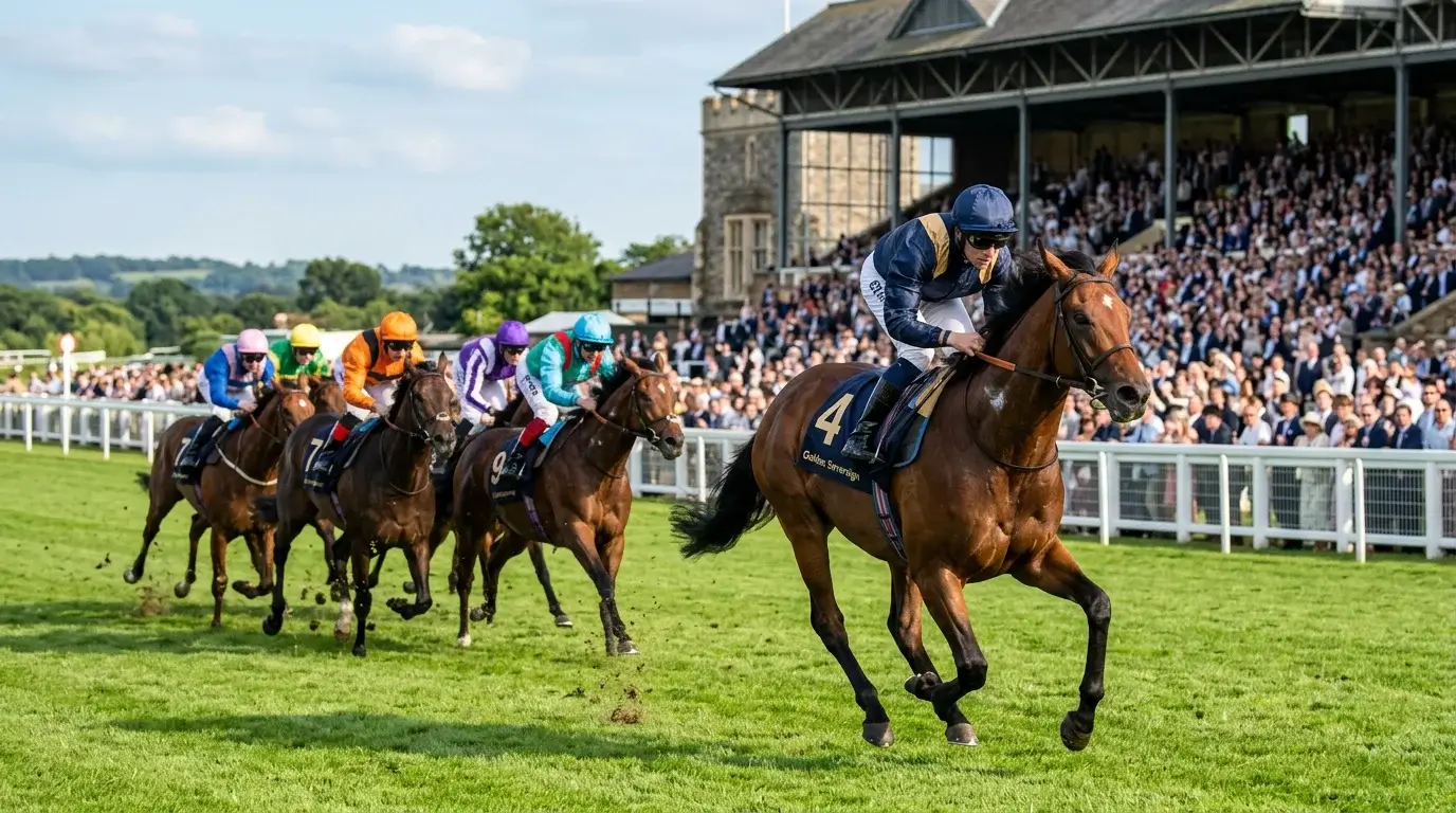 Top-weighted horse leading the field in a UK handicap race carrying heavy weight
