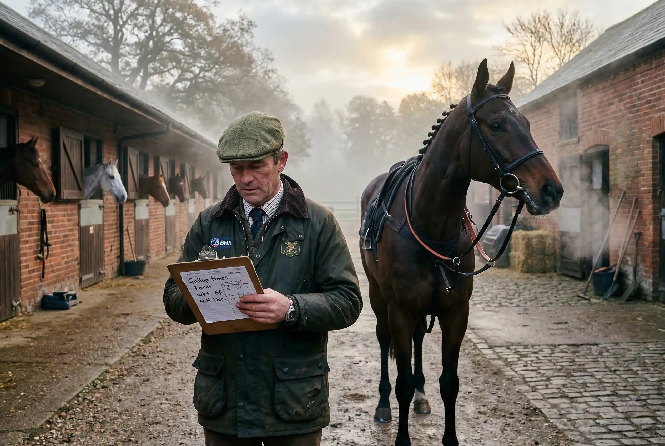 Trainer tactics in UK handicap racing — a trainer studying form notes beside a saddled thoroughbred on a British training yard