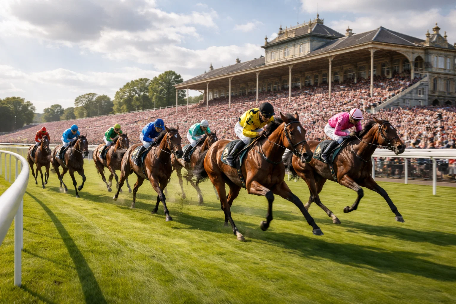 Horses racing in different classes on a British racecourse with grandstand behind