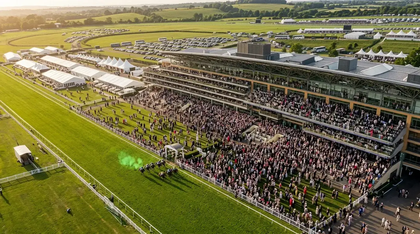 UK horse racing economics — aerial view of a packed British racecourse on a major race day