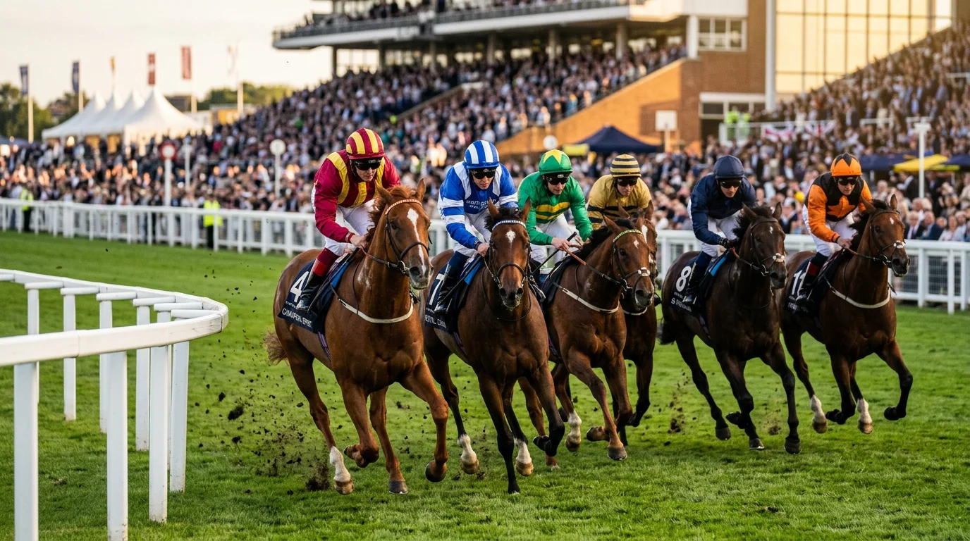 Field of horses racing at a British racecourse with jockeys in coloured silks competing in a handicap race