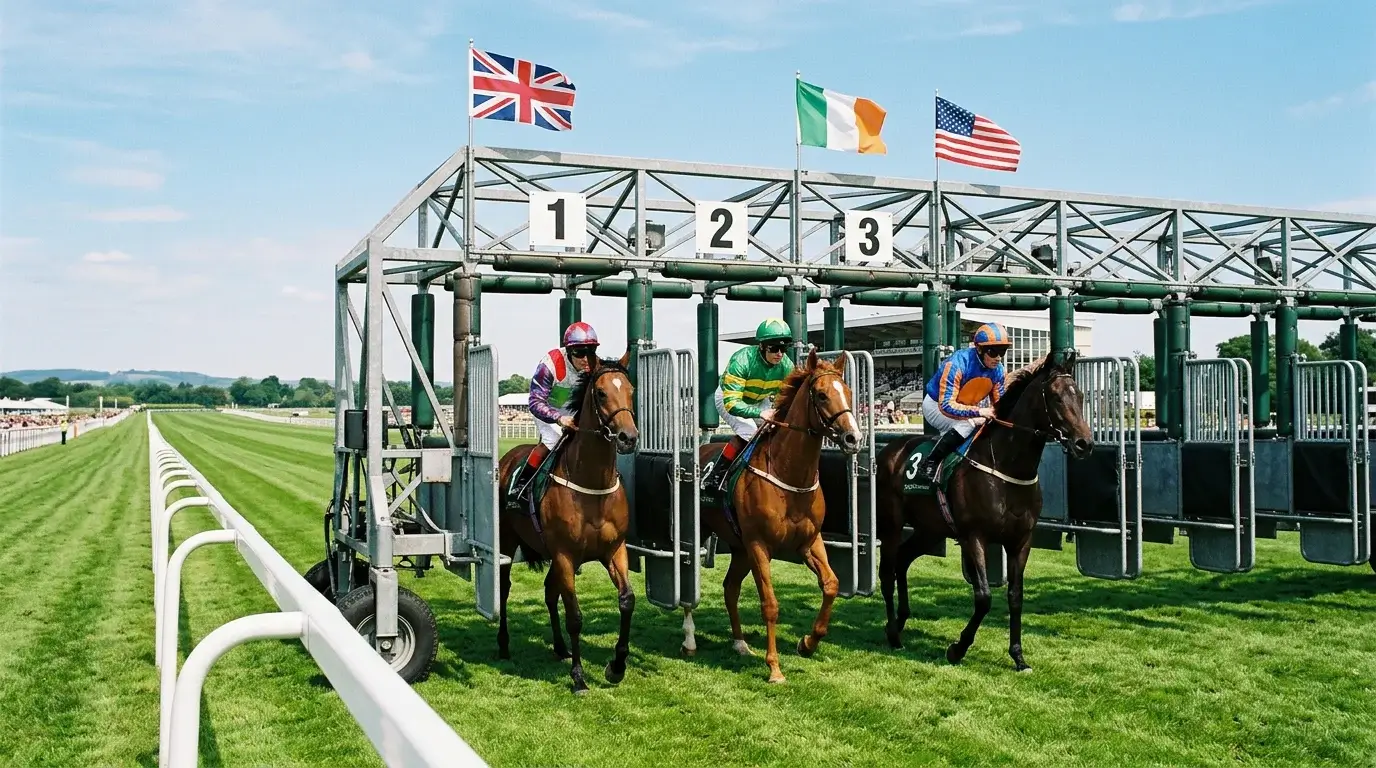 UK vs Ireland vs US handicapping systems — three national flags displayed alongside a horse racing starting gate