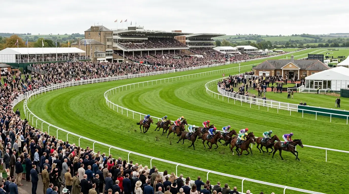 Panoramic view of a packed British racecourse grandstand on a Saturday afternoon with a large field of runners on the turf track