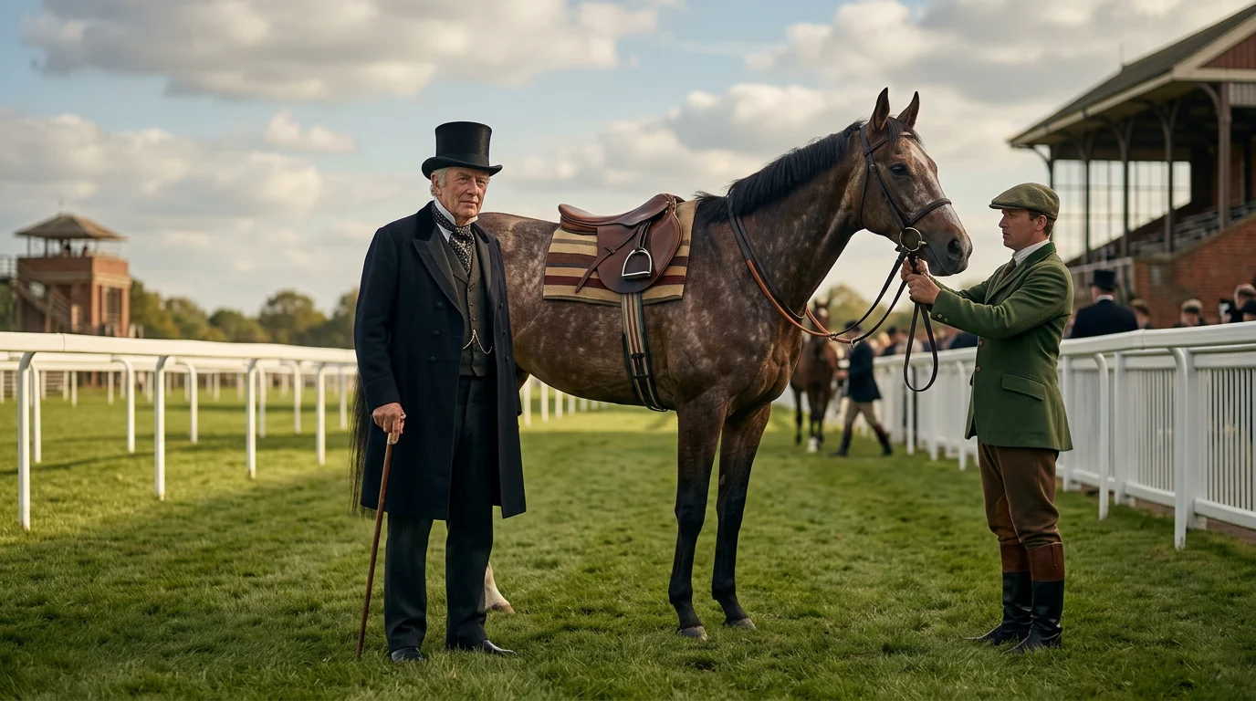 Vintage-style illustration of Admiral Rous and a thoroughbred horse on a British racecourse