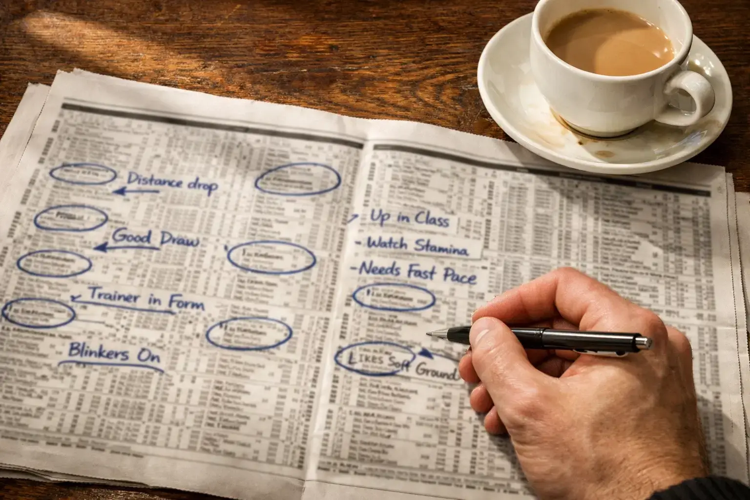 Punter analysing horse racing form guide with pen marks highlighting a well handicapped runner